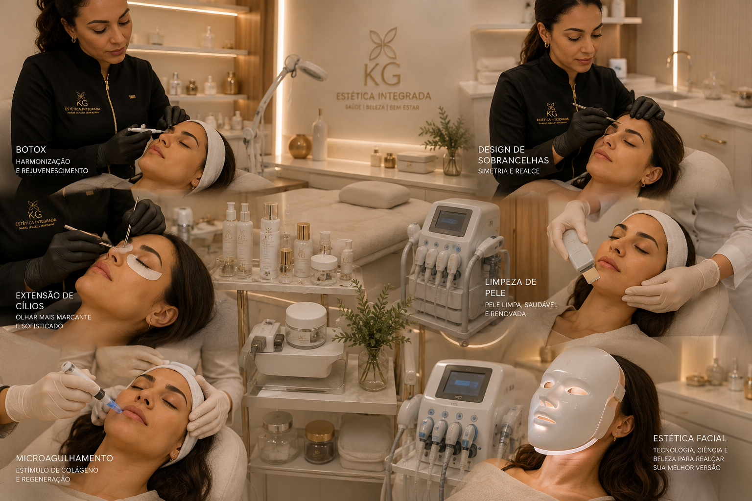 Colagem dos tratamentos da KG Estética Integrada: botox, design de sobrancelhas, extensão de cílios, limpeza de pele, microagulhamento e estética facial